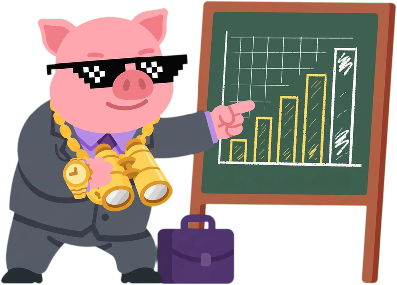 Capi, la mascota de FinanzAcademy, con binoculares analizando un gráfico de inversión ascendente