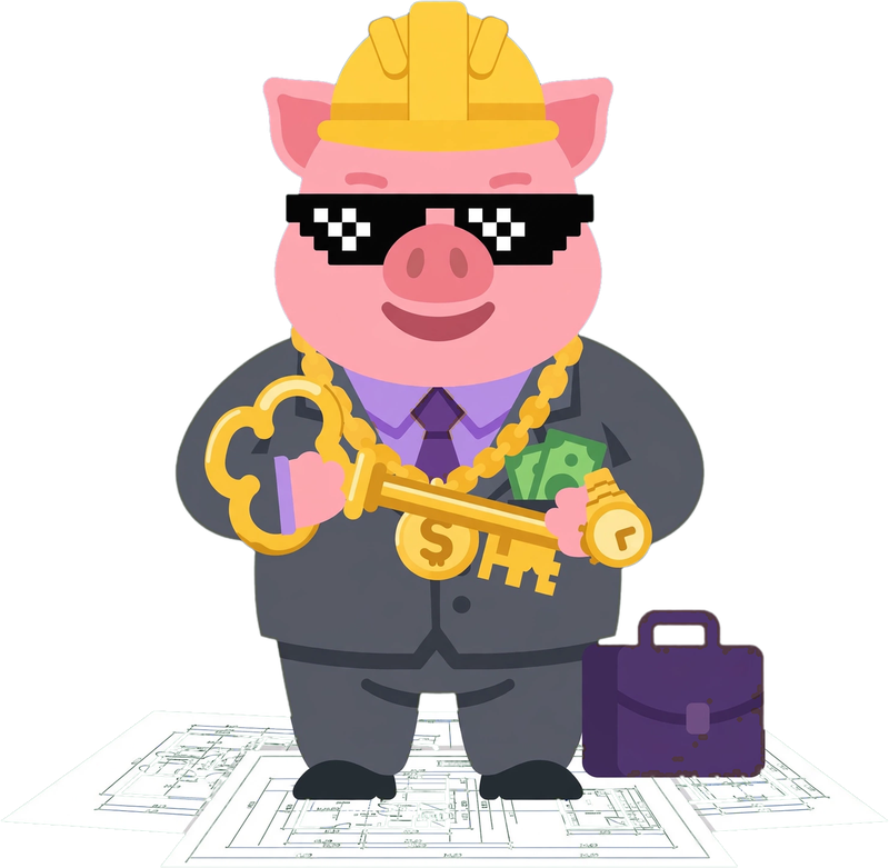 Capi, la mascota de FinanzAcademy, con casco de construcción y llaves de una vivienda