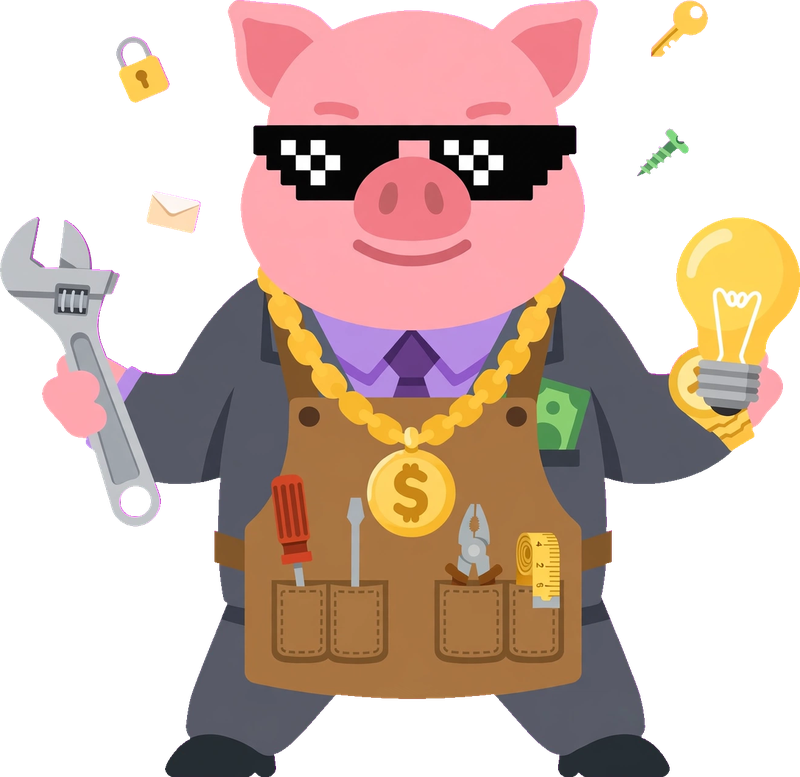 Capi, la mascota de FinanzAcademy, con delantal multiusos lleno de herramientas