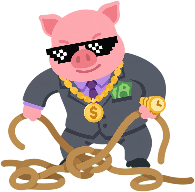 Capi, la mascota de FinanzAcademy, desatando un nudo grande como símbolo de liberarse de las deudas
