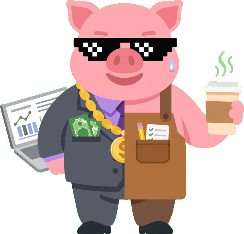 Capi, la mascota de FinanzAcademy, mitad traje mitad delantal como autónomo todólogo