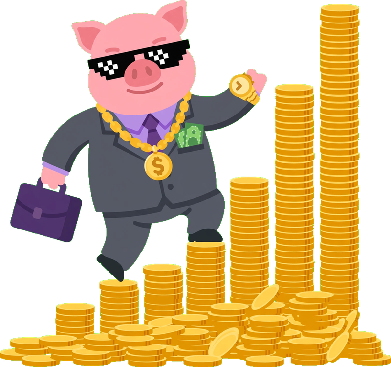 Capi, la mascota de FinanzAcademy, subiendo una escalera de monedas