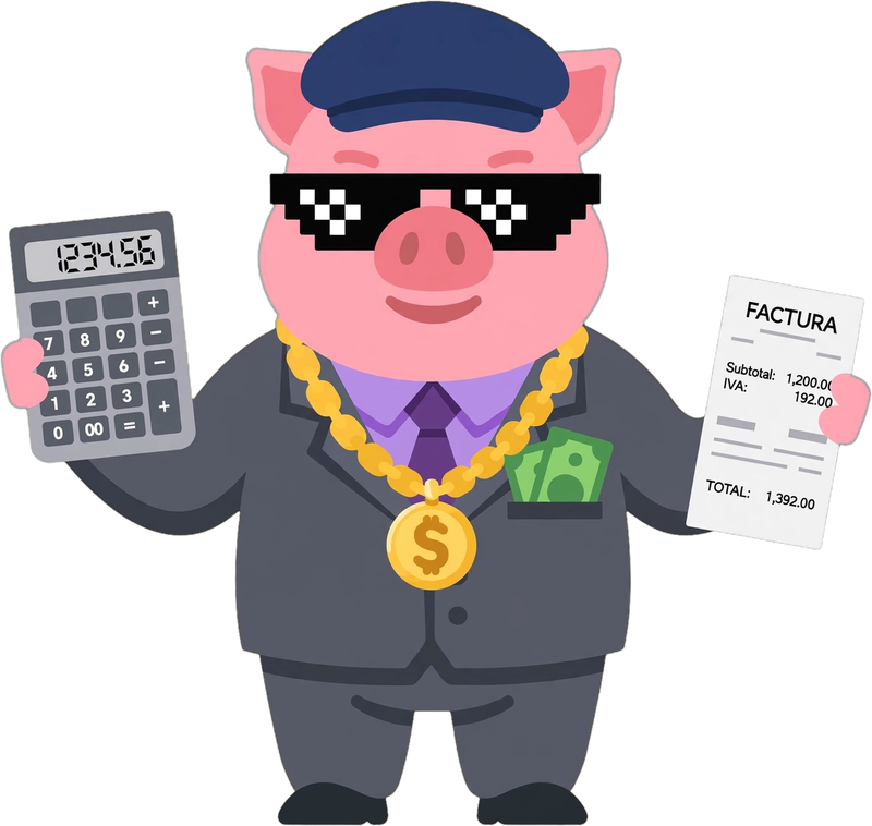 Capi, la mascota de FinanzAcademy, con calculadora y factura explicando los impuestos