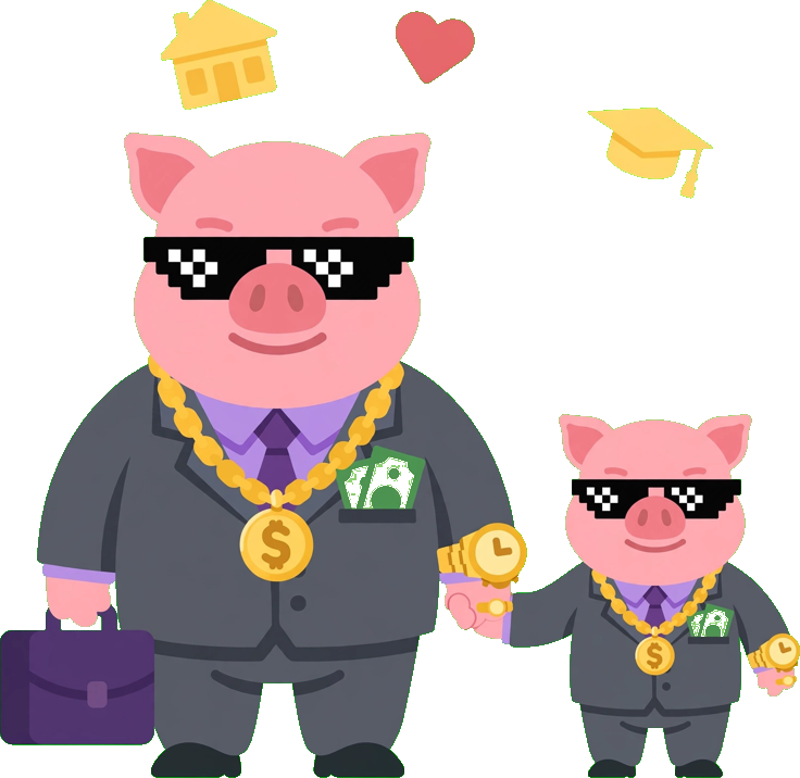 Capi, la mascota de FinanzAcademy, celebrando los hitos vitales del dinero