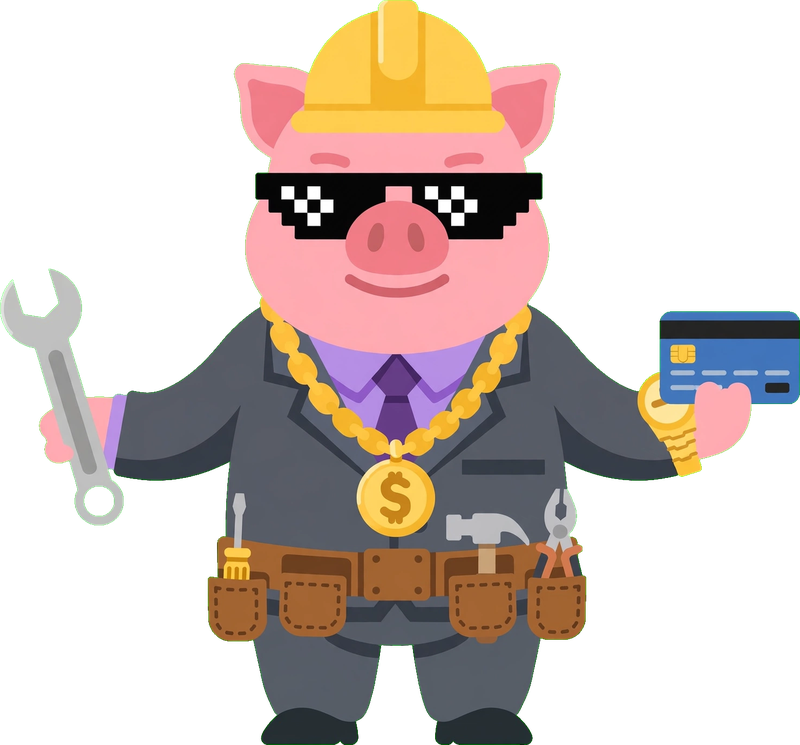 Capi, la mascota de FinanzAcademy, vestido de obrero con herramientas