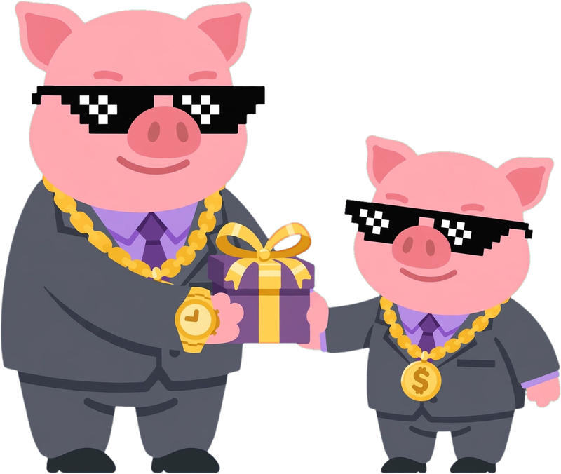 Capi, la mascota de FinanzAcademy, entregando un regalo que representa el traspaso generacional